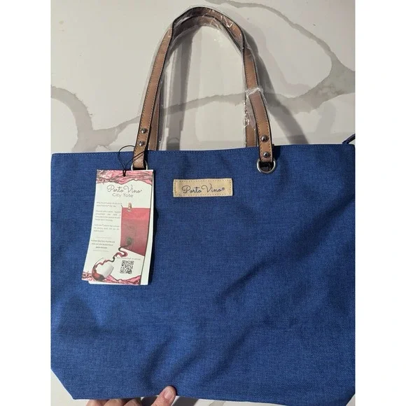 NWT Portovino City Tote Bag Blue Canvas Wine Purse With Hidden Insulated Compart - Picture 6 of 12